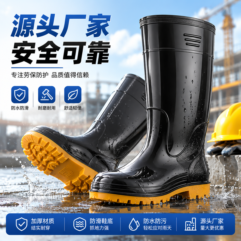 电商产品主图，产品是劳保雨靴，配上文字：源头厂家，安全可靠。